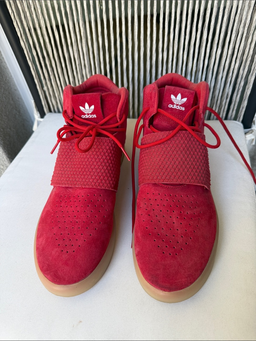 adidas Men’s Red Suede High-Top Sneakers with Gum Sole